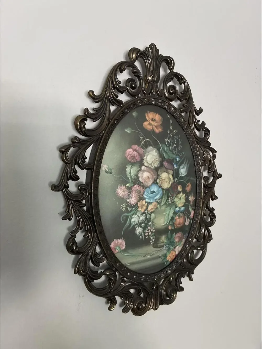 Vintage Made in Italy Floral Wall Art, Convex Bubble Glass Frame Ornate